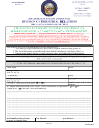 Document preview: Application for Permit to Install Equipment or Apparatuses Used in Connection With Water Heaters - Nevada