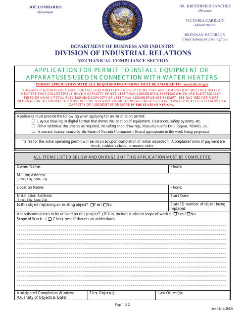 Application for Permit to Install Equipment or Apparatuses Used in Connection With Water Heaters - Nevada Download Pdf