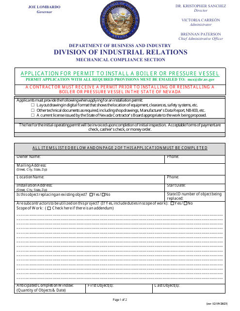 Application for Permit to Install a Boiler or Pressure Vessel - Nevada Download Pdf