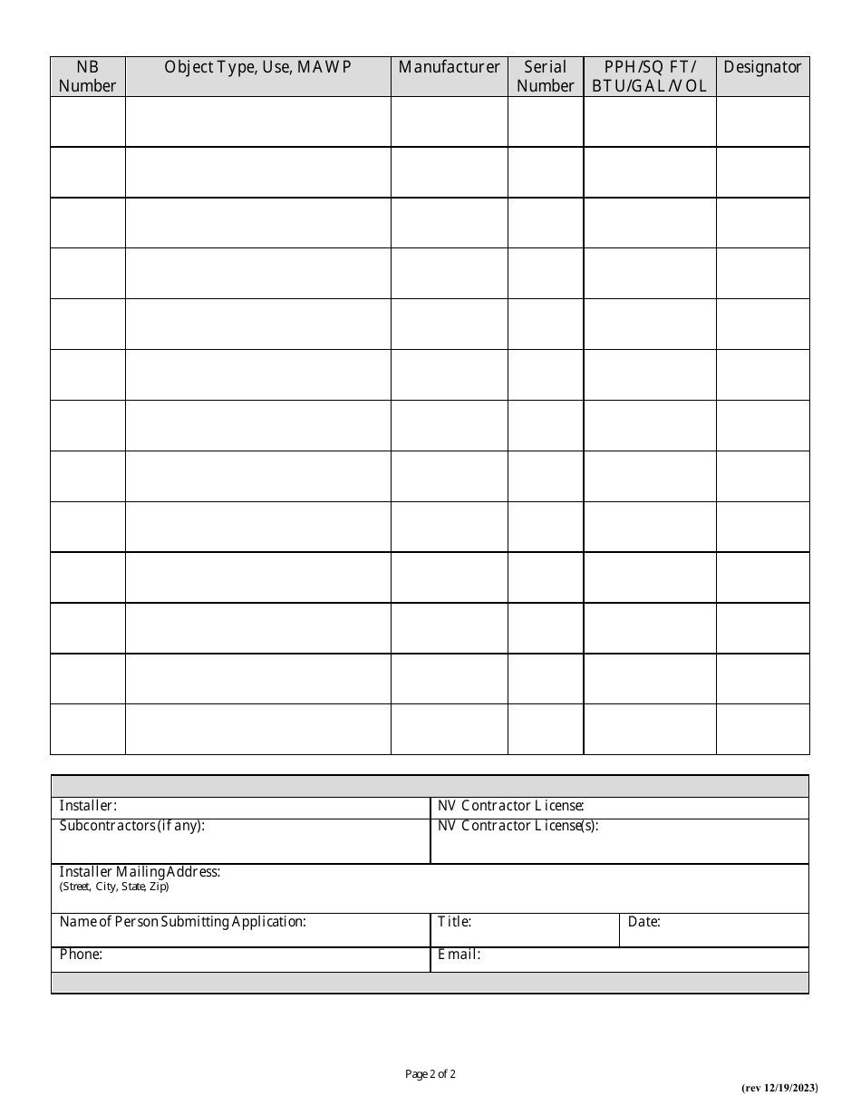 Nevada Application for Permit to Install a Boiler or Pressure Vessel ...