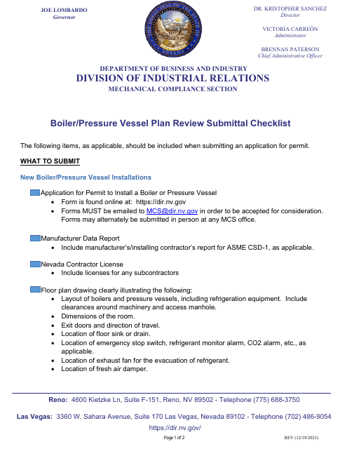 Boiler / Pressure Vessel Plan Review Submittal Checklist - Nevada Download Pdf