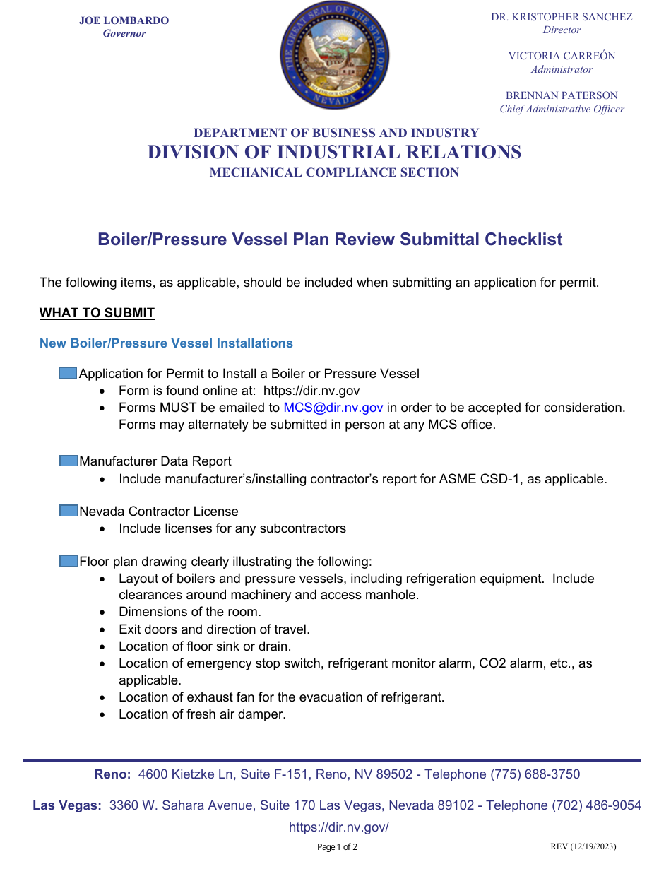 Boiler / Pressure Vessel Plan Review Submittal Checklist - Nevada, Page 1