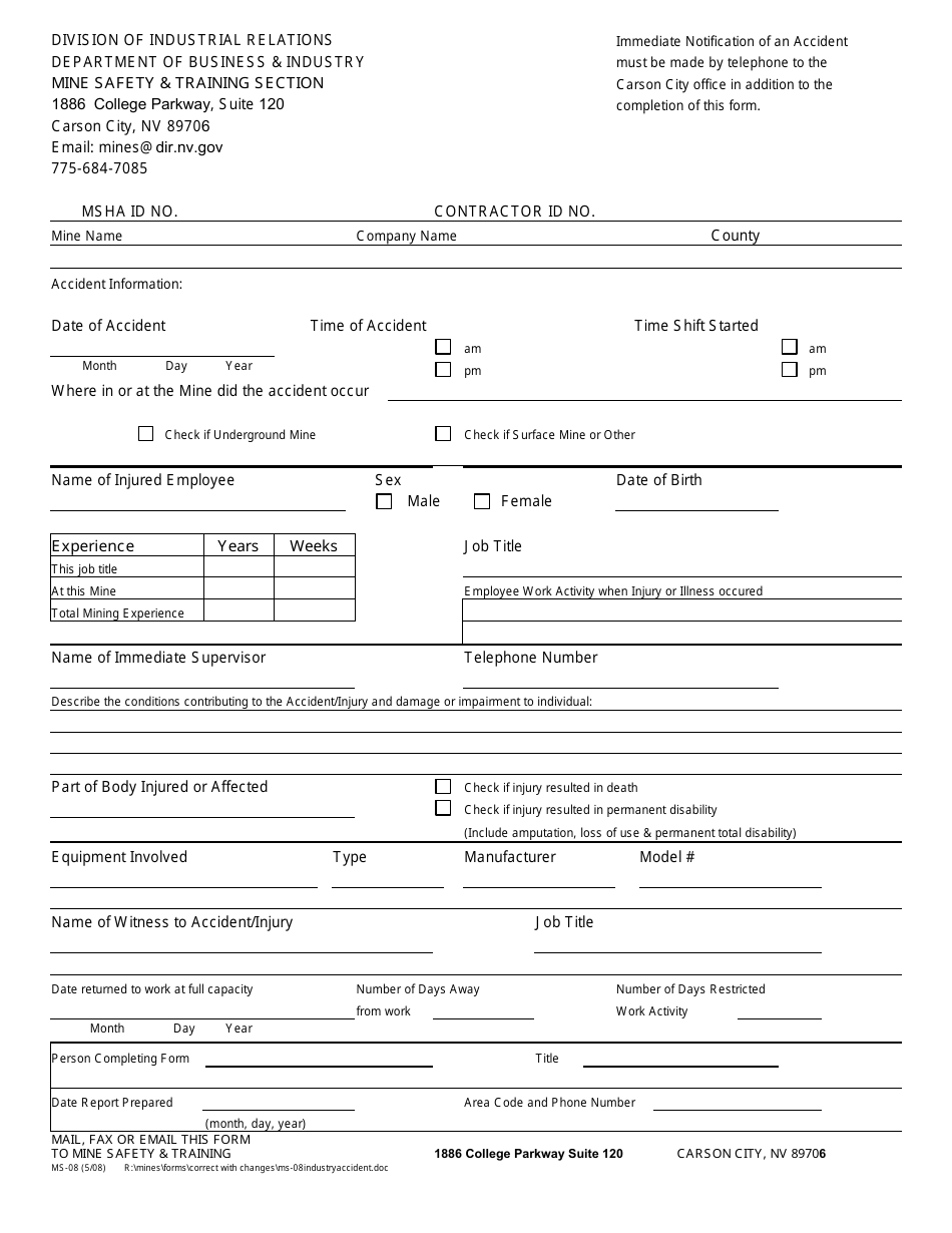Form MS-08 Accident / Injury Report Form - Nevada, Page 1