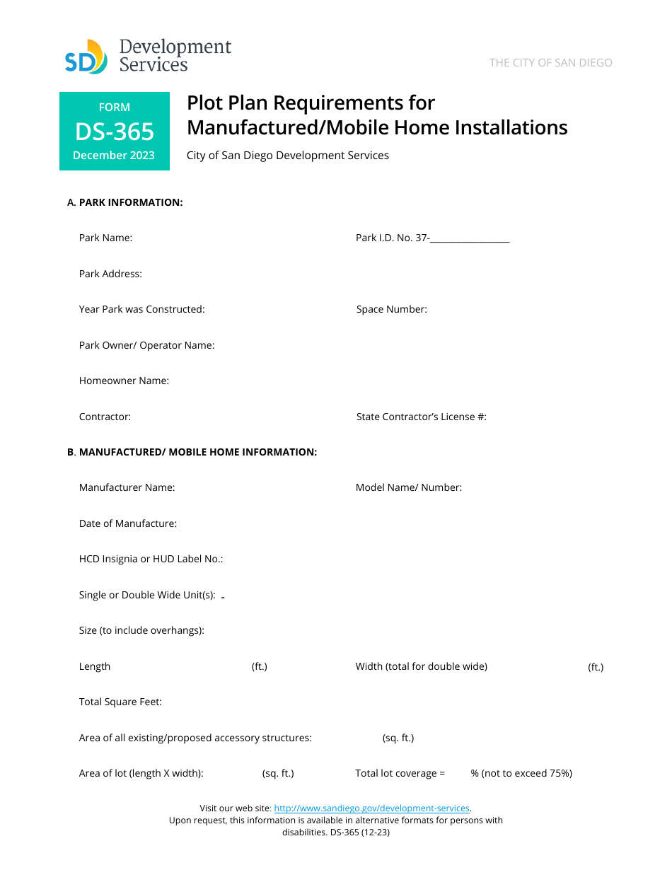 Form DS-365 Plot Plan Requirements for Manufactured / Mobile Home Installations - City of San Diego, California, Page 1