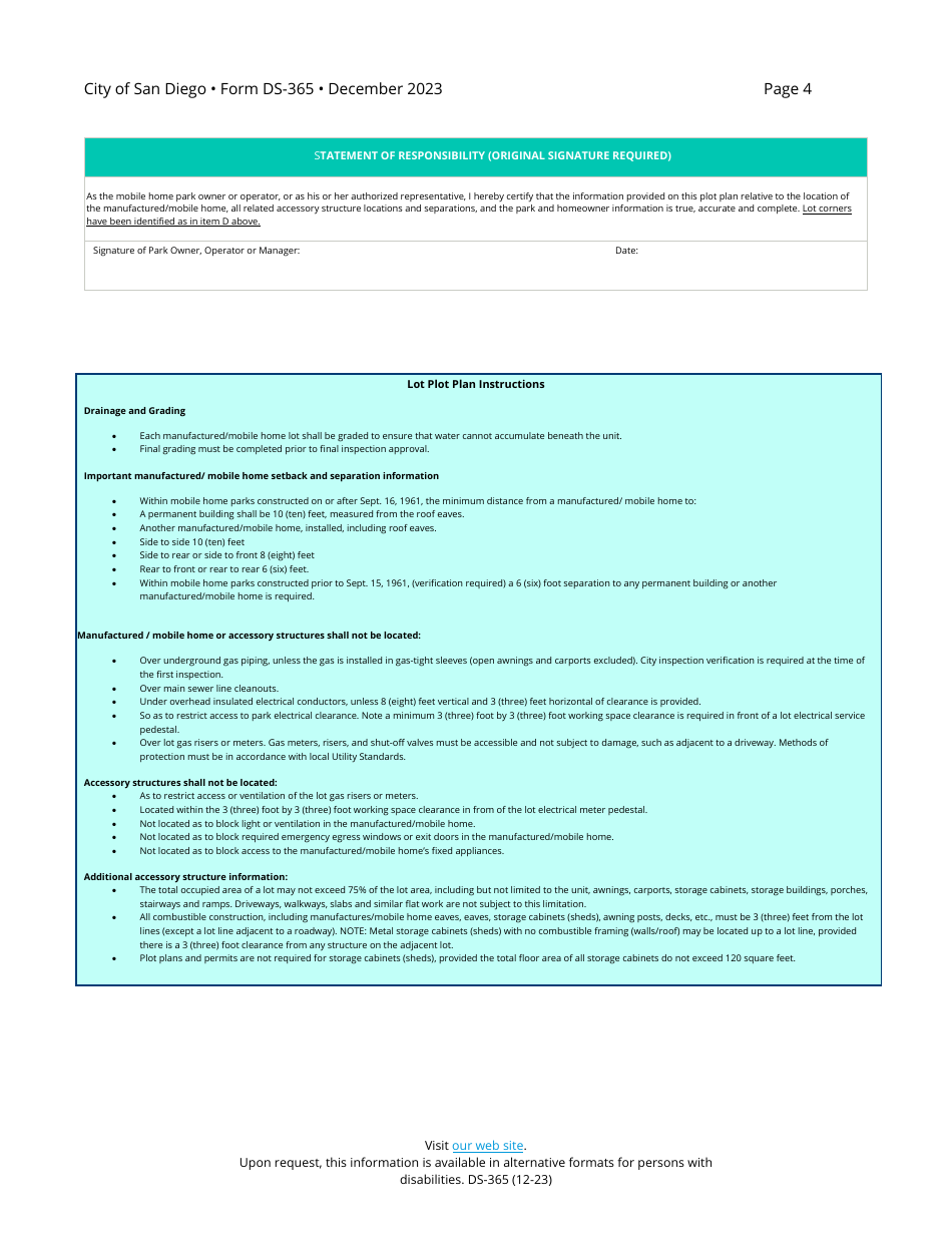 Form DS-365 Plot Plan Requirements for Manufactured / Mobile Home Installations - City of San Diego, California, Page 4