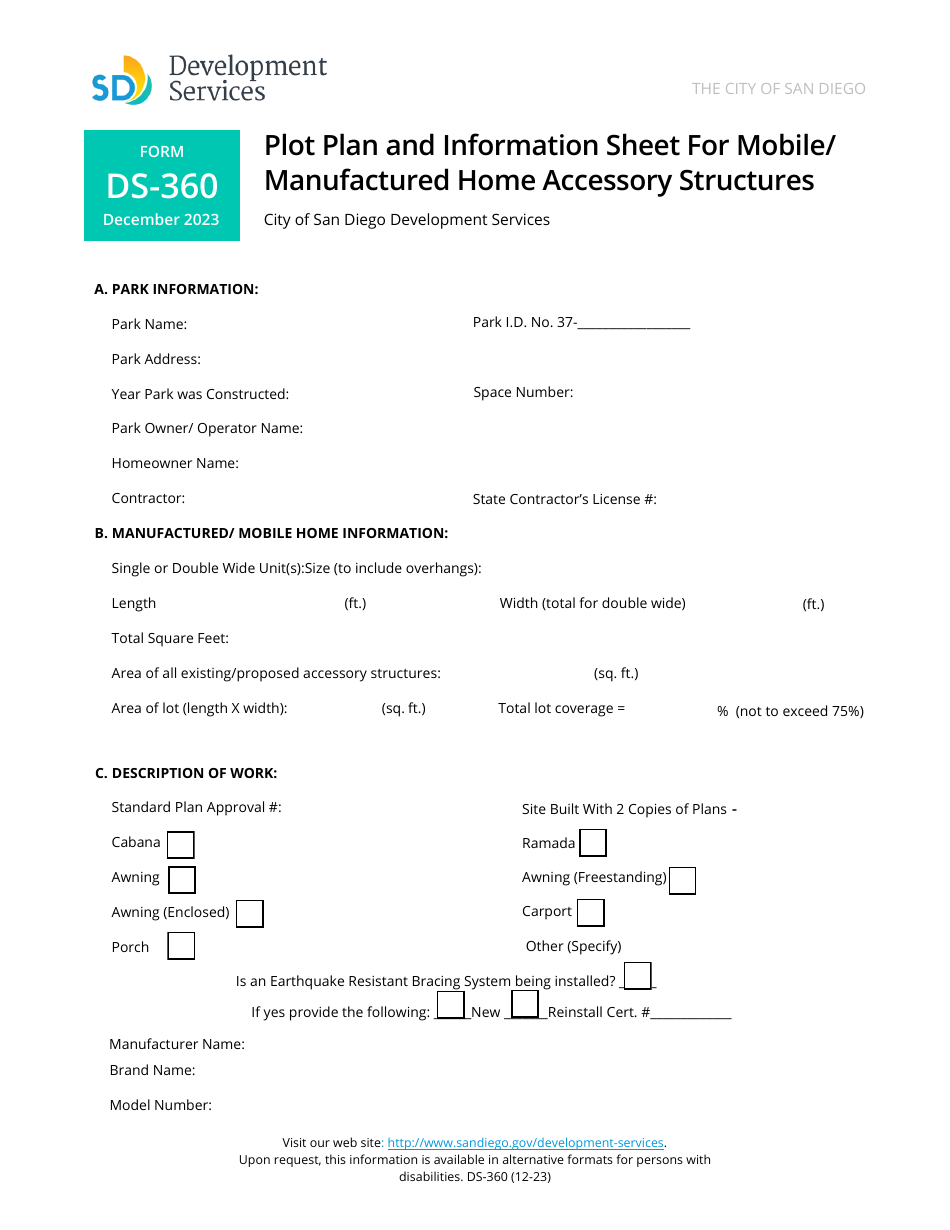 Form DS-360 Plot Plan and Information Sheet for Mobile / Manufactured Home Accessory Structures - City of San Diego, California, Page 1