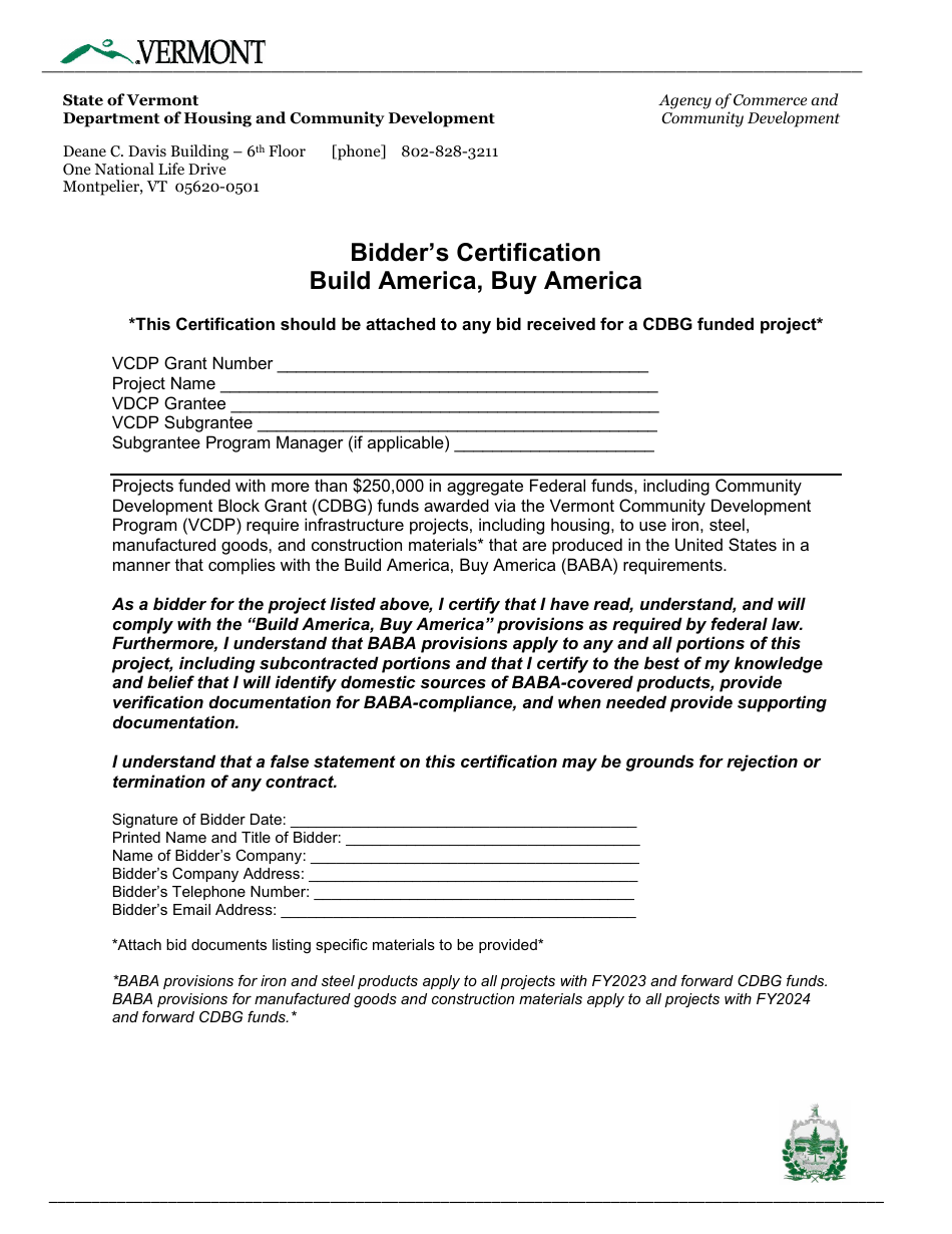 Build America, Buy America Bidders Certification - Vermont, Page 1