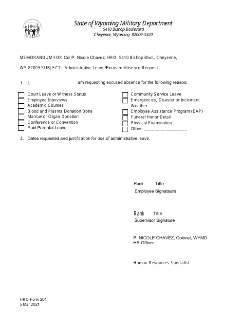 HRO Form 204 Administrative Leave/Excused Absence Request - Wyoming