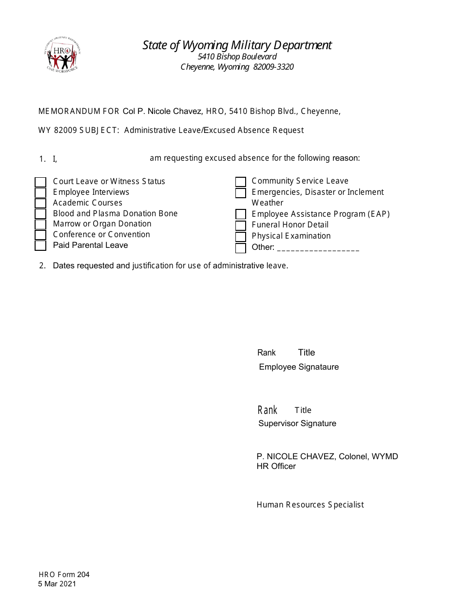 HRO Form 204 Administrative Leave / Excused Absence Request - Wyoming, Page 1