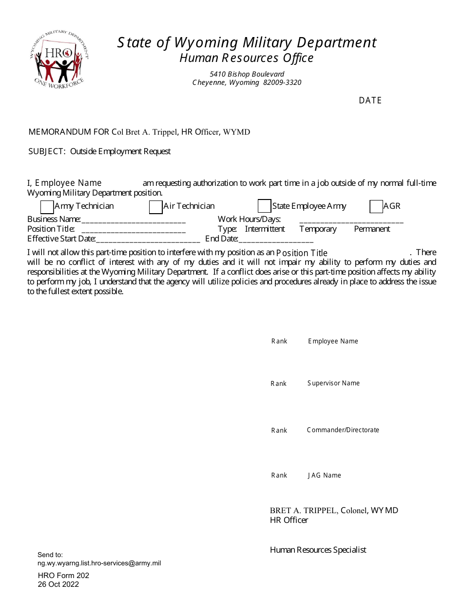 HRO Form 202 Outside Employment Request - Wyoming, Page 1