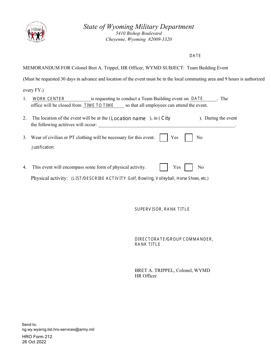 HRO Form 212 Team Building Event - Wyoming, Page 1