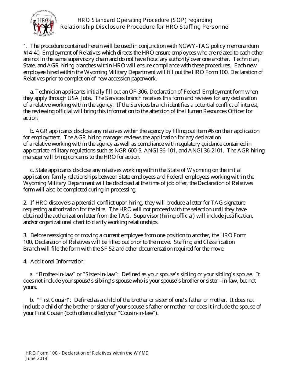 HRO Form 100 Declaration of Relatives Working Within the Wymd - Wyoming, Page 1