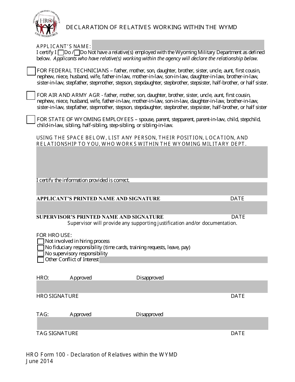 HRO Form 100 Declaration of Relatives Working Within the Wymd - Wyoming, Page 2