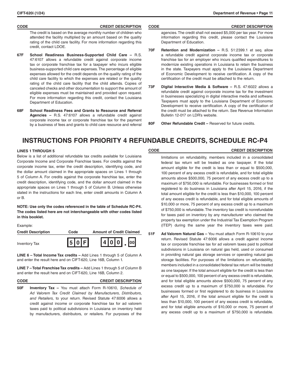 Instructions for Form CIFT-620 Louisiana Corporation and Franchise Income Tax Return - Louisiana, Page 11