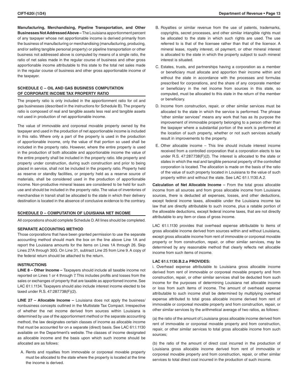 Instructions for Form CIFT-620 Louisiana Corporation and Franchise Income Tax Return - Louisiana, Page 13