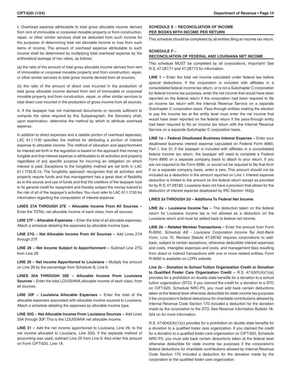Instructions for Form CIFT-620 Louisiana Corporation and Franchise Income Tax Return - Louisiana, Page 14