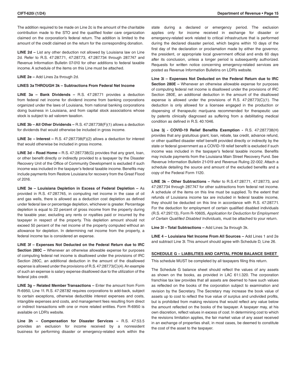 Instructions for Form CIFT-620 Louisiana Corporation and Franchise Income Tax Return - Louisiana, Page 15