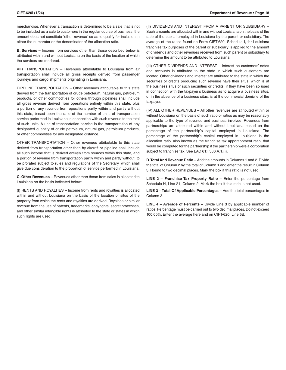 Instructions for Form CIFT-620 Louisiana Corporation and Franchise Income Tax Return - Louisiana, Page 18
