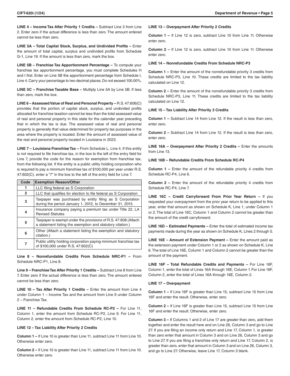 Instructions for Form CIFT-620 Louisiana Corporation and Franchise Income Tax Return - Louisiana, Page 5