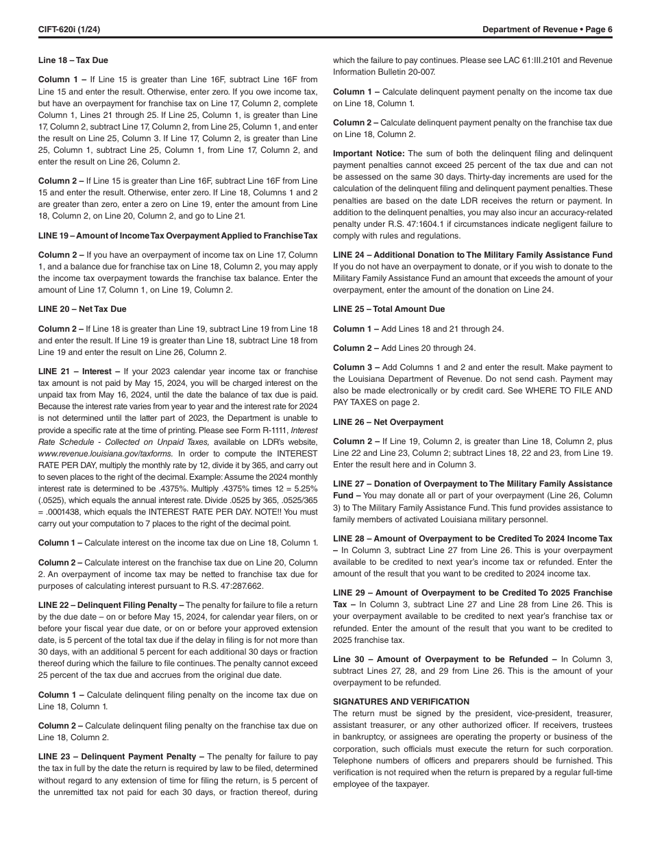 Instructions for Form CIFT-620 Louisiana Corporation and Franchise Income Tax Return - Louisiana, Page 6