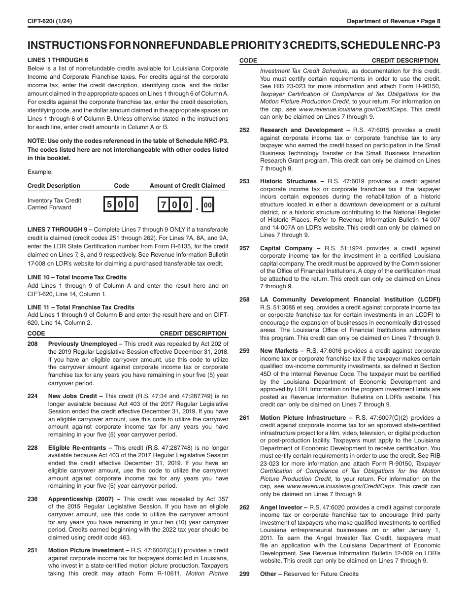 Instructions for Form CIFT-620 Louisiana Corporation and Franchise Income Tax Return - Louisiana, Page 8