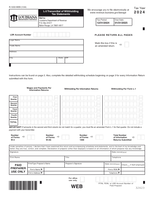 Form L-3 (R-1203) Transmittal of Withholding Tax Statements - Louisiana, 2024