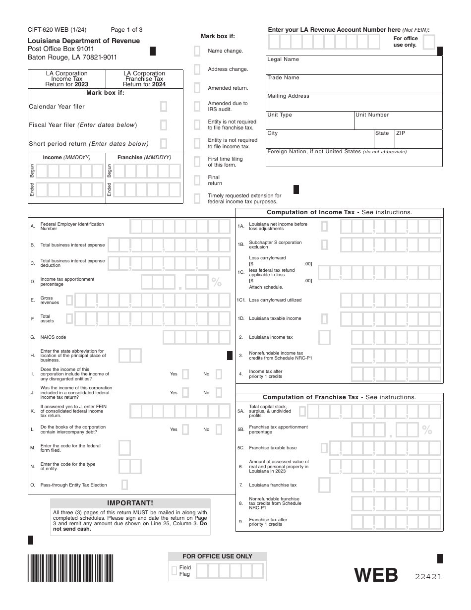 Form CIFT-620 Louisiana Corporation and Franchise Income Tax Return - Louisiana, Page 1