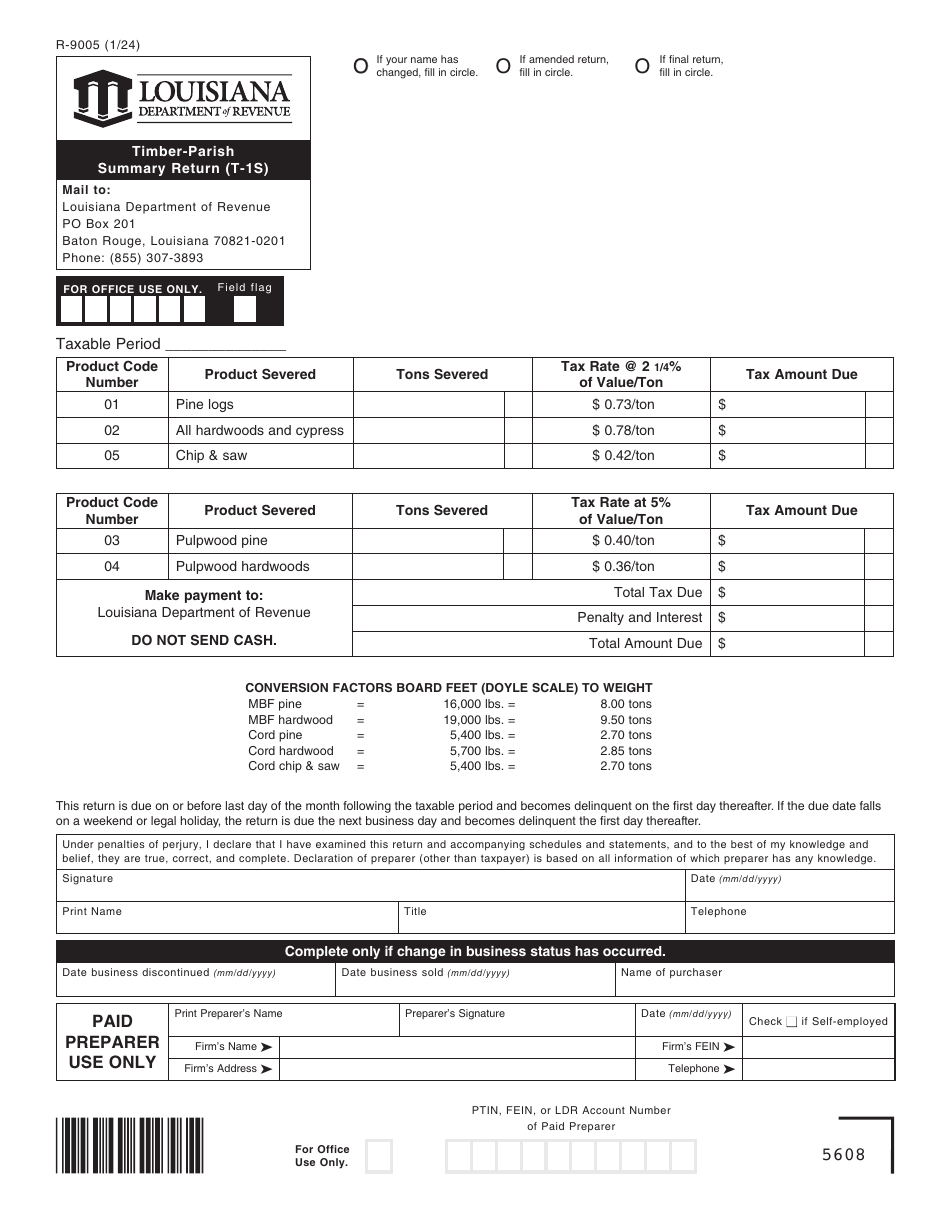 Form R-9005 (T-1S) Timber-Parish Summary Return - Louisiana, Page 1