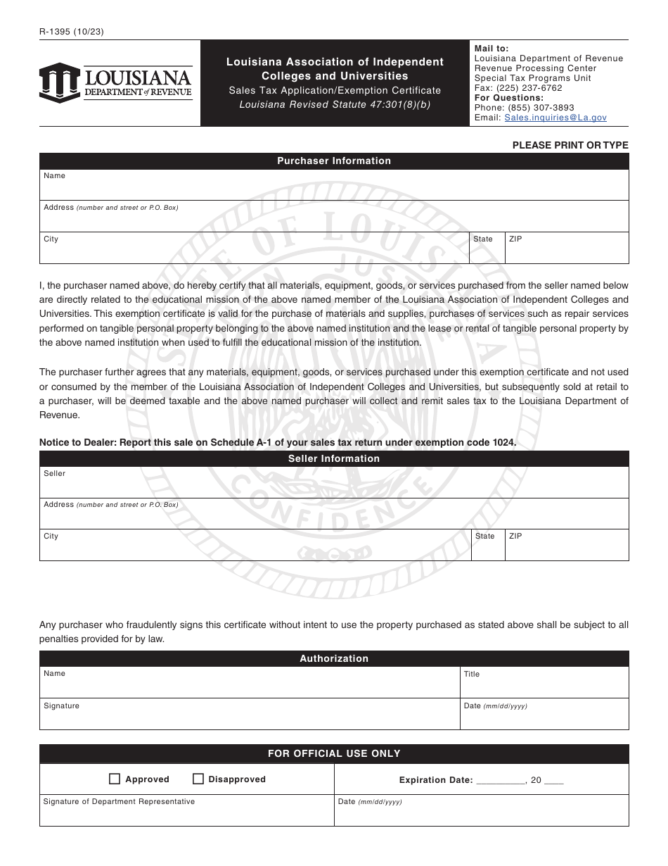 Form R-1395 Sales Tax Application / Exemption Certificate - Louisiana Association of Independent Colleges and Universities - Louisiana, Page 1