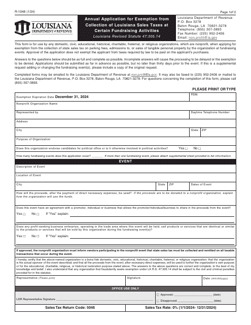 Form R-1048 Annual Application for Exemption From Collection of Louisiana Sales Taxes at Certain Fundraising Activities - Louisiana