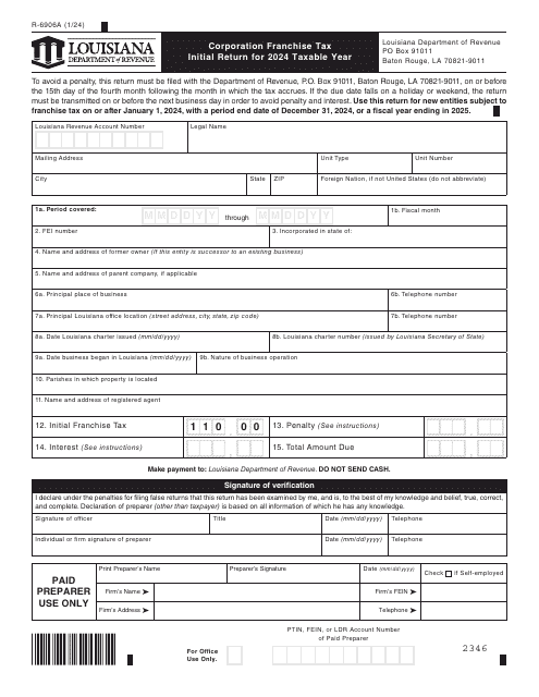 Form R-6906A Corporation Franchise Tax Initial Return - Louisiana