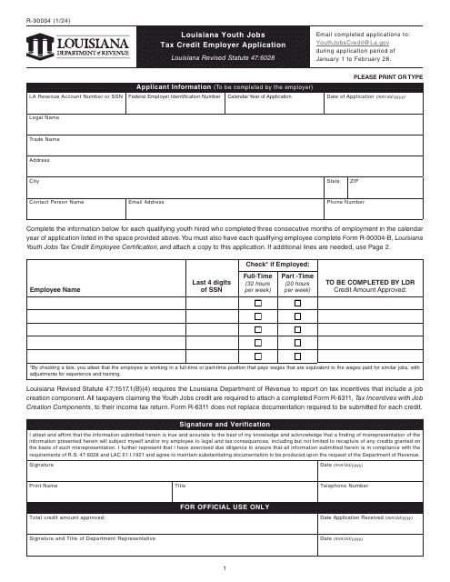 Form R-90004 Louisiana Youth Jobs Tax Credit Employer Application - Louisiana