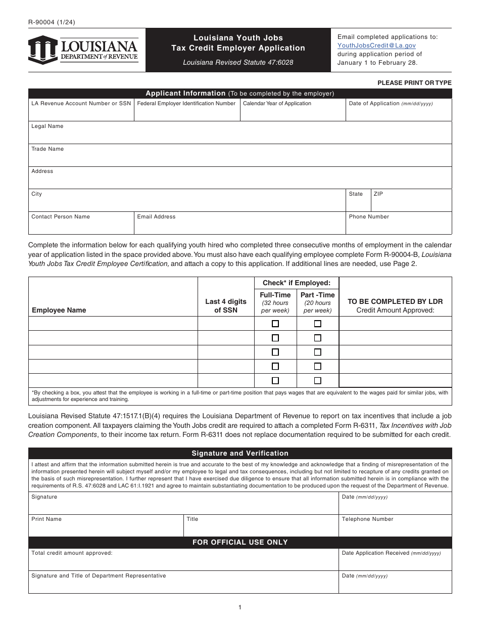 Form R 90004 Download Fillable Pdf Or Fill Online Louisiana Youth Jobs Tax Credit Employer 7861