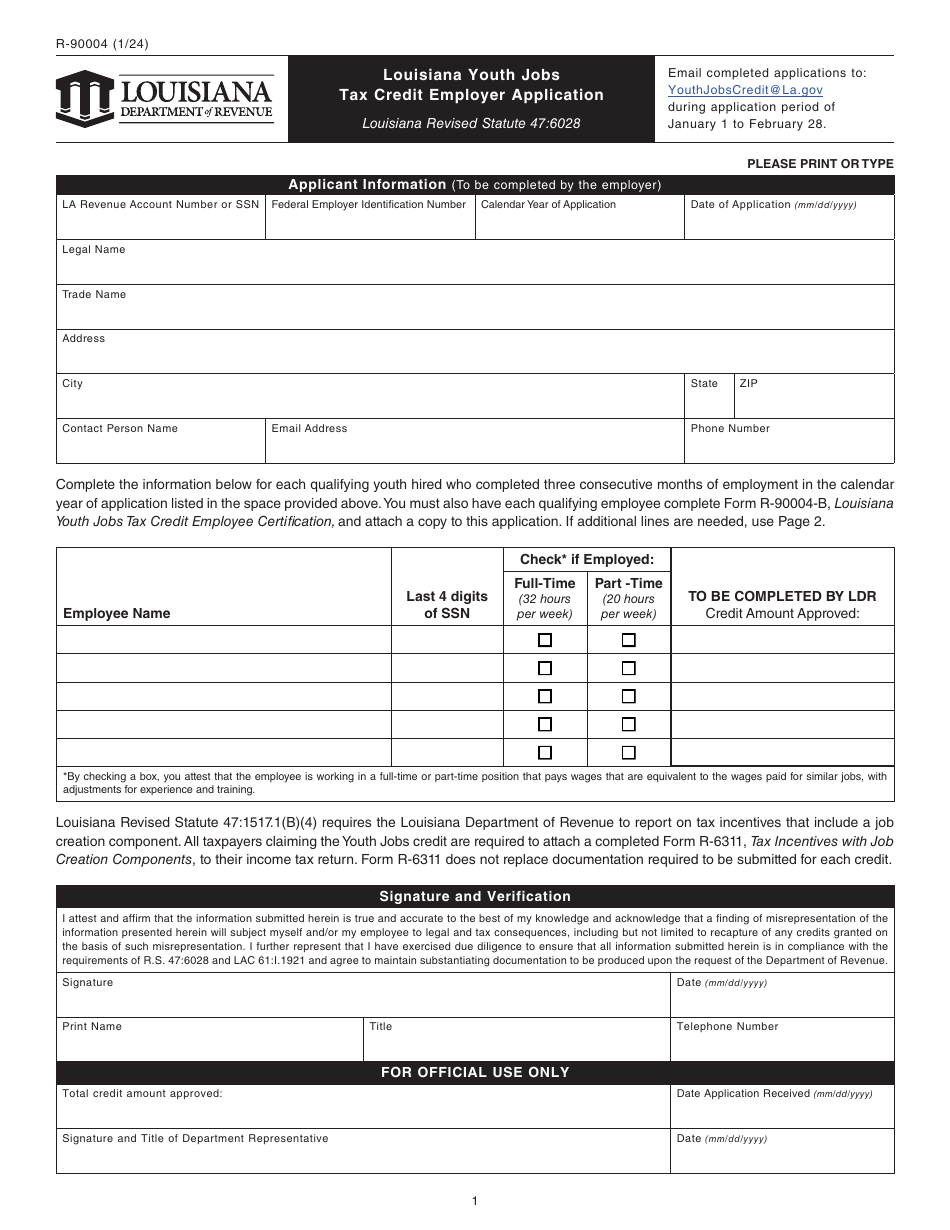 Form R-90004 Louisiana Youth Jobs Tax Credit Employer Application - Louisiana, Page 1