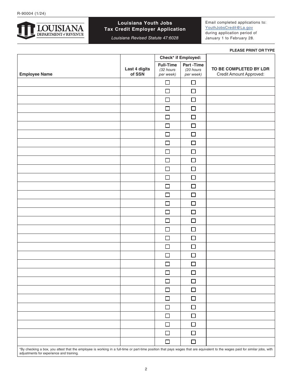 Form R-90004 Louisiana Youth Jobs Tax Credit Employer Application - Louisiana, Page 2