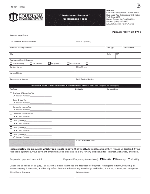 Form R-19027 Installment Request for Business Taxes - Louisiana