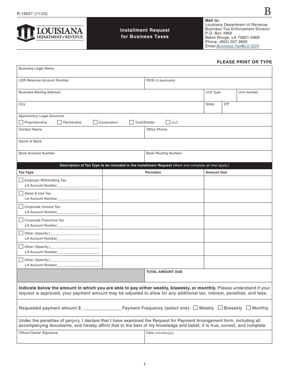 Form R-19027 Installment Request for Business Taxes - Louisiana, Page 1