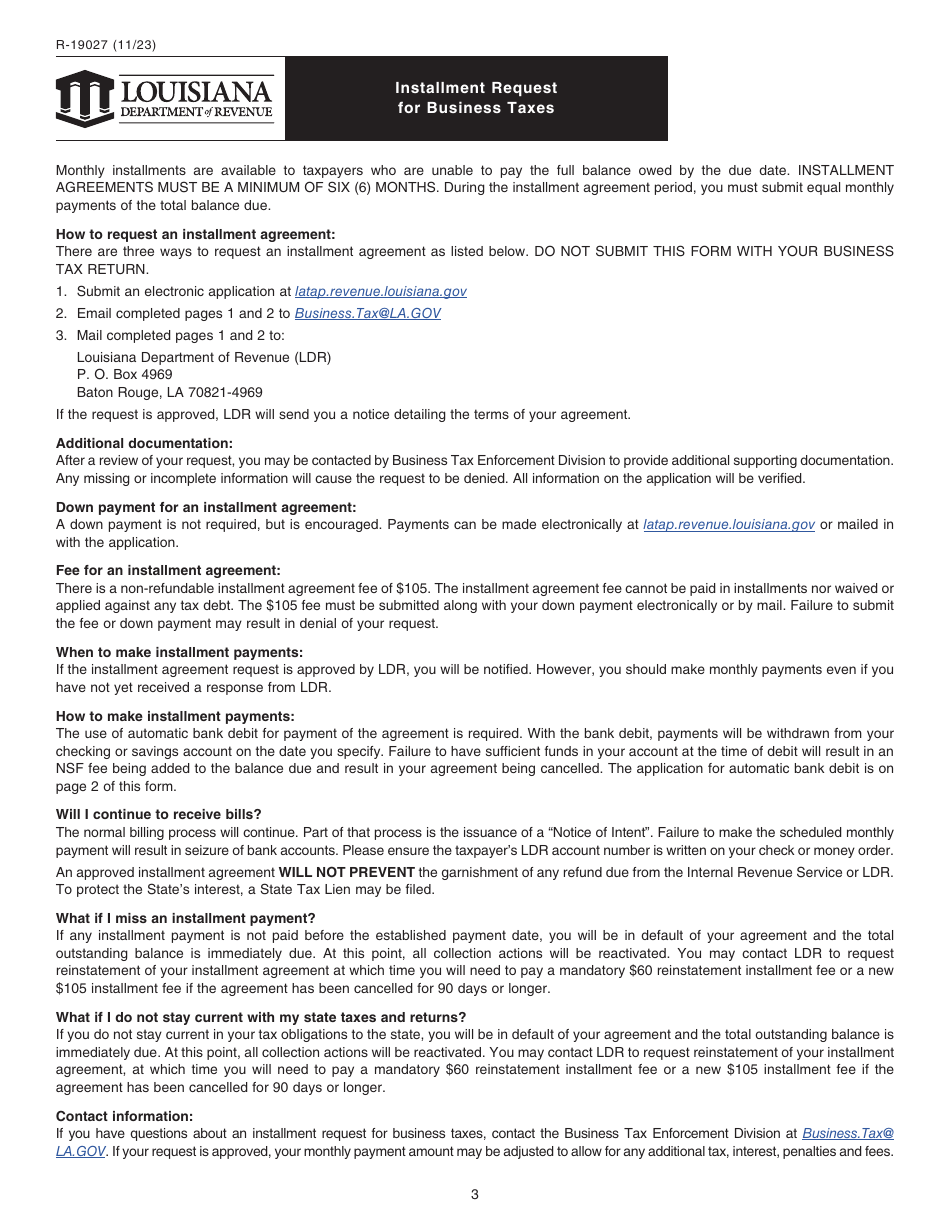 Form R-19027 Installment Request for Business Taxes - Louisiana, Page 3