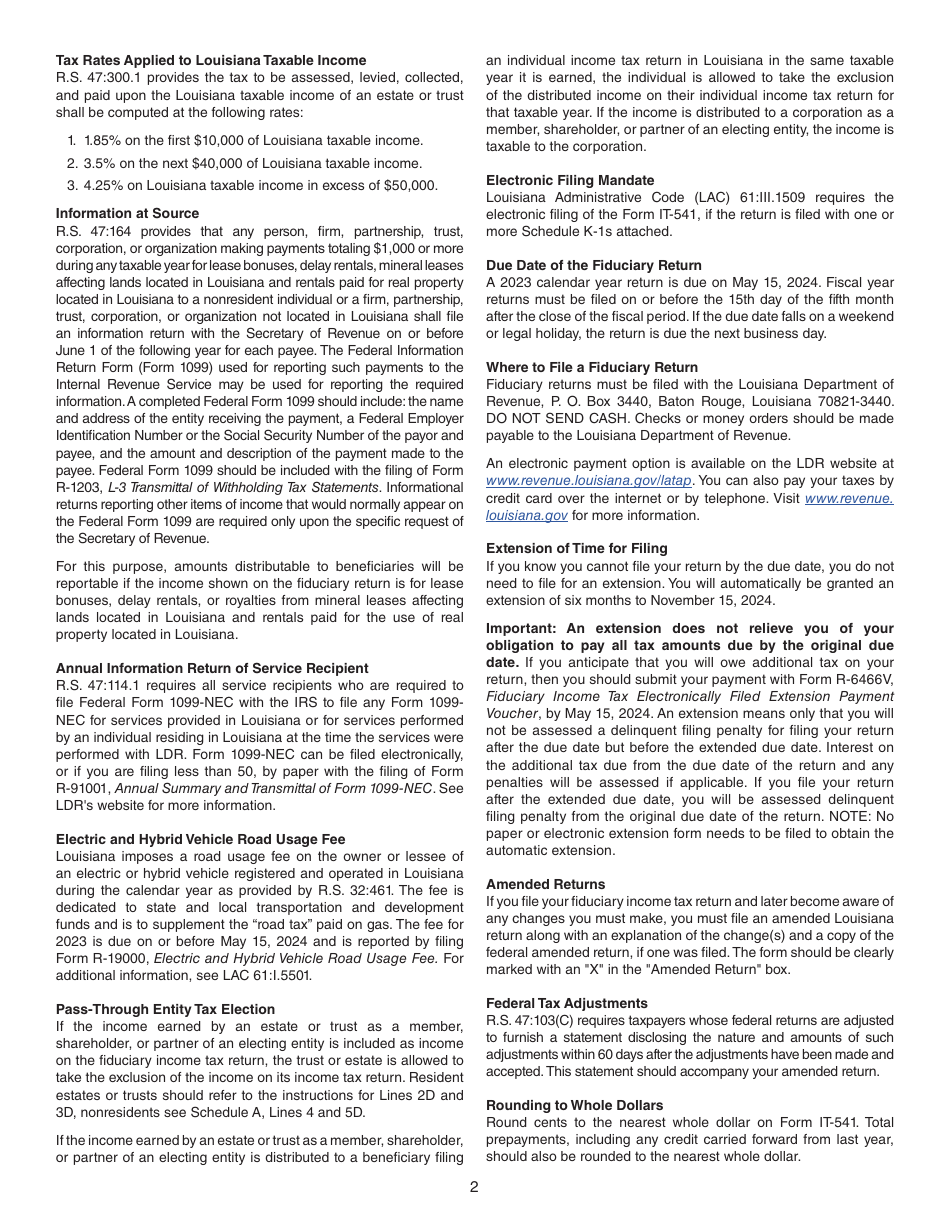 Instructions for Form IT-541 Fiduciary Income Tax Return - Louisiana, Page 2
