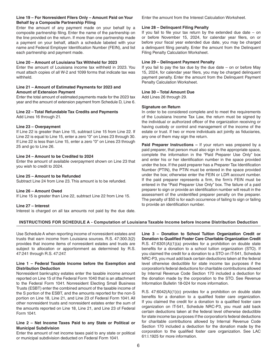 Instructions for Form IT-541 Fiduciary Income Tax Return - Louisiana, Page 6