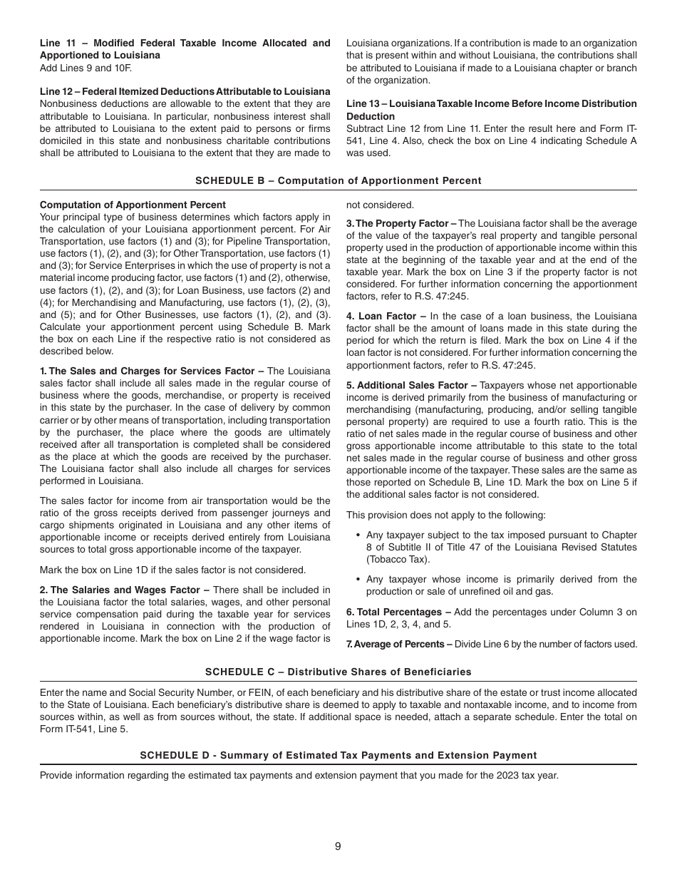 Instructions for Form IT-541 Fiduciary Income Tax Return - Louisiana, Page 9