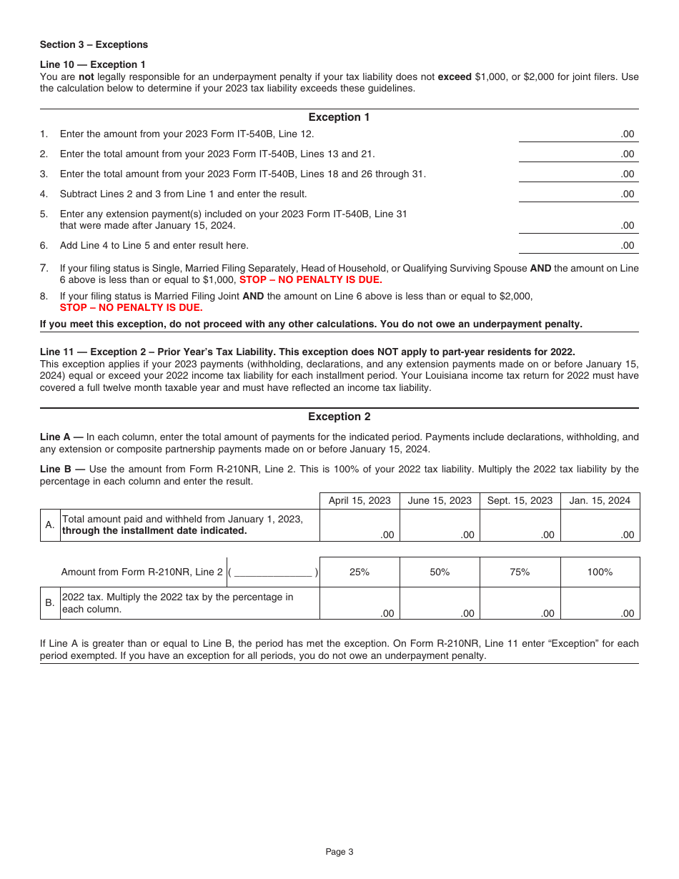 Instructions for Form R-210NR Underpayment of Individual Income Tax Penalty Computation - Nonresident and Part-Year Resident Filers - Louisiana, Page 3
