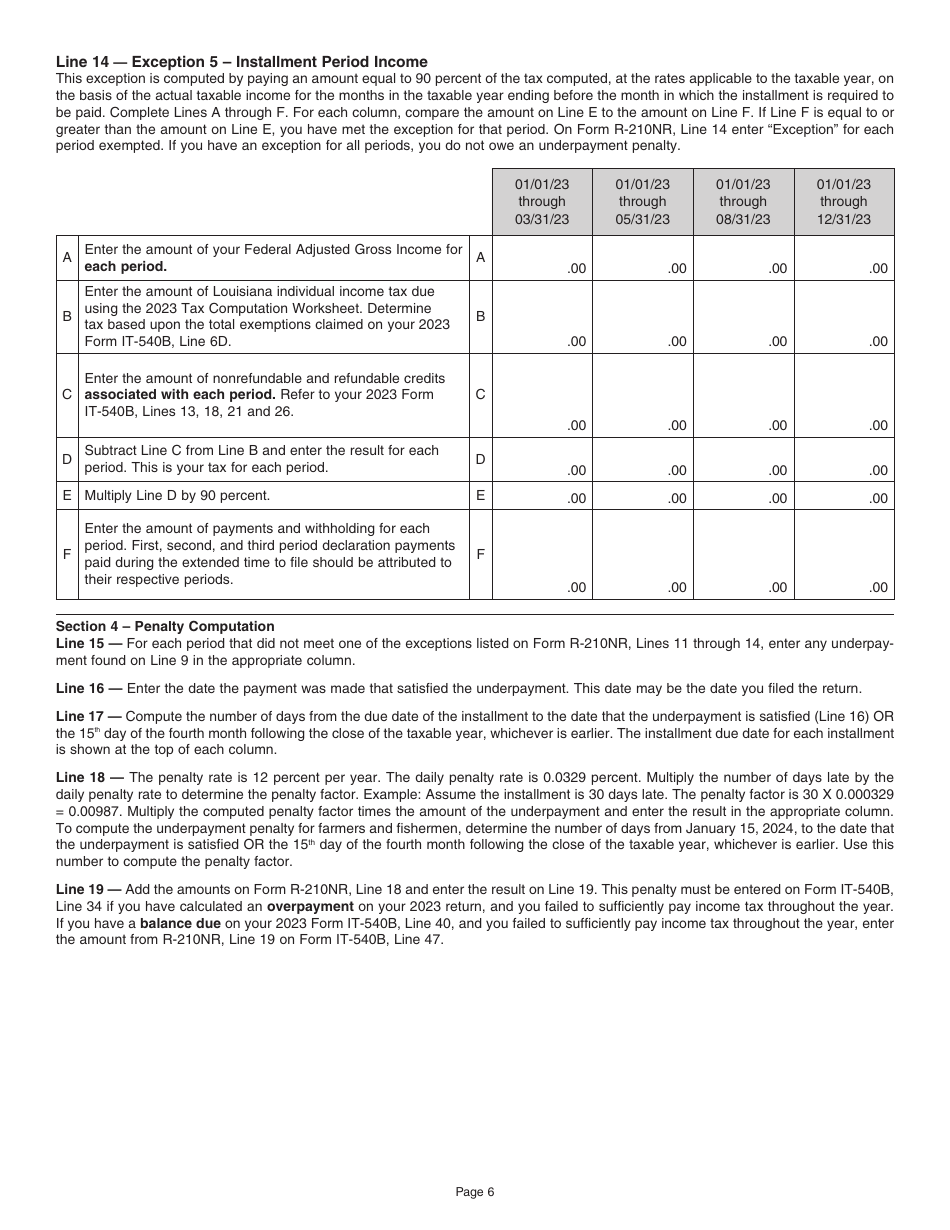 Instructions for Form R-210NR Underpayment of Individual Income Tax Penalty Computation - Nonresident and Part-Year Resident Filers - Louisiana, Page 6