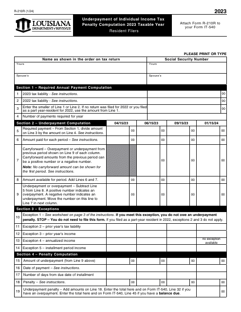 Form R-210R Underpayment of Individual Income Tax Penalty Computation - Resident Filers - Louisiana, 2023