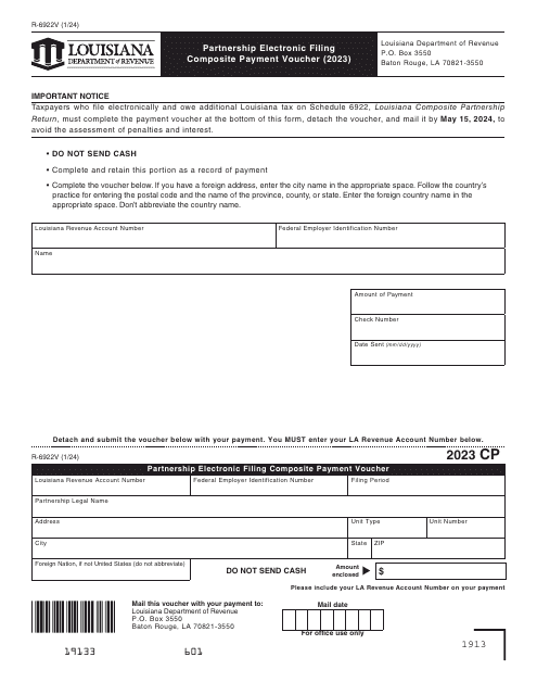Form R-6922V Partnership Electronic Filing Composite Payment Voucher - Louisiana, 2023