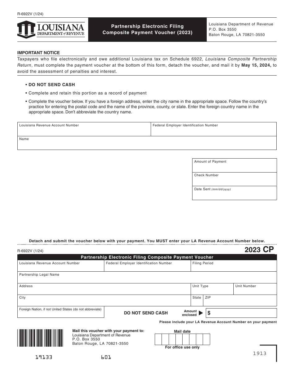 Form R-6922V Partnership Electronic Filing Composite Payment Voucher - Louisiana, Page 1