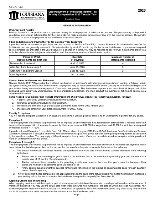 Instructions for Form R-210R Underpayment of Individual Income Tax Penalty Computation - Resident Filers - Louisiana, 2023