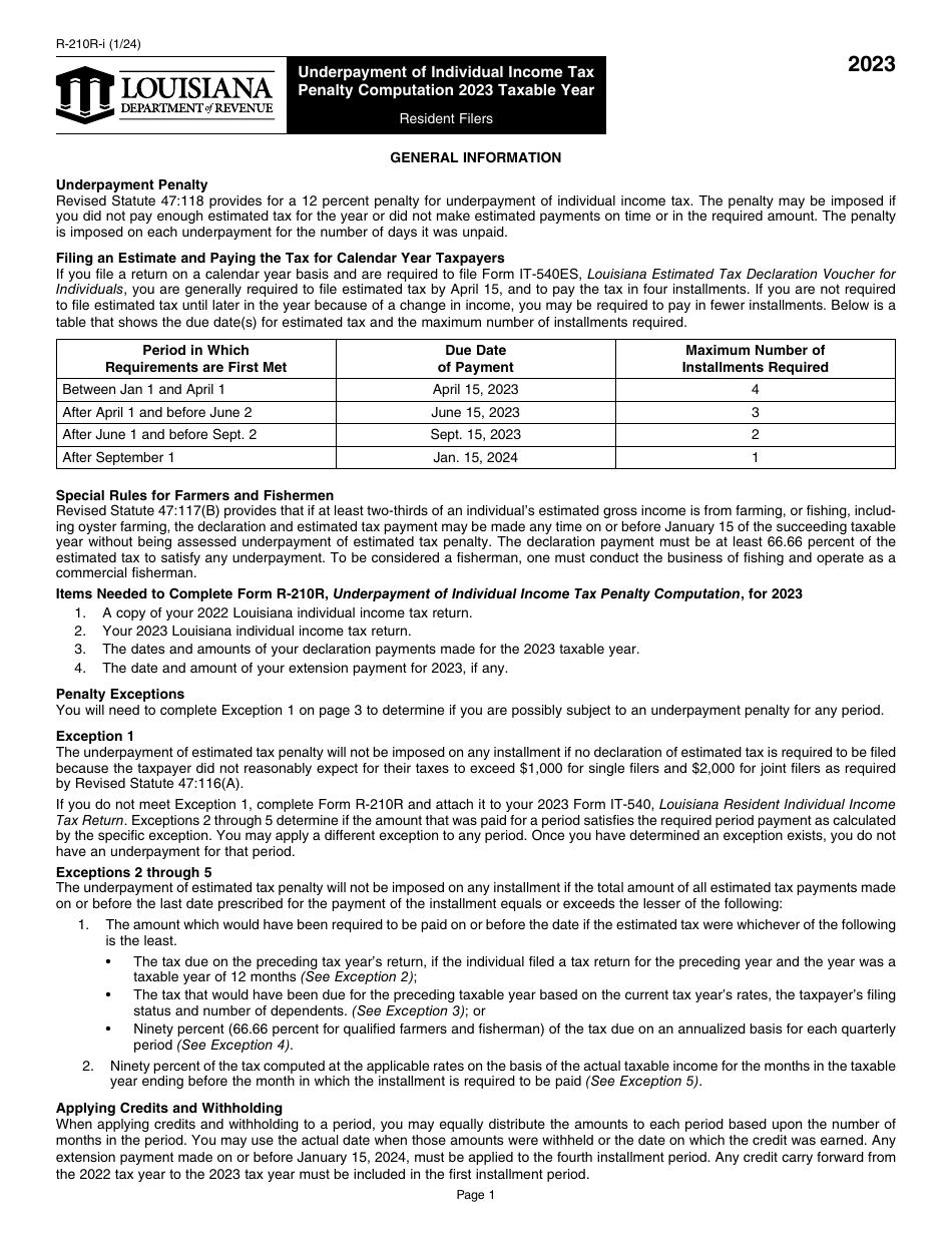 Instructions for Form R-210R Underpayment of Individual Income Tax Penalty Computation - Resident Filers - Louisiana, Page 1