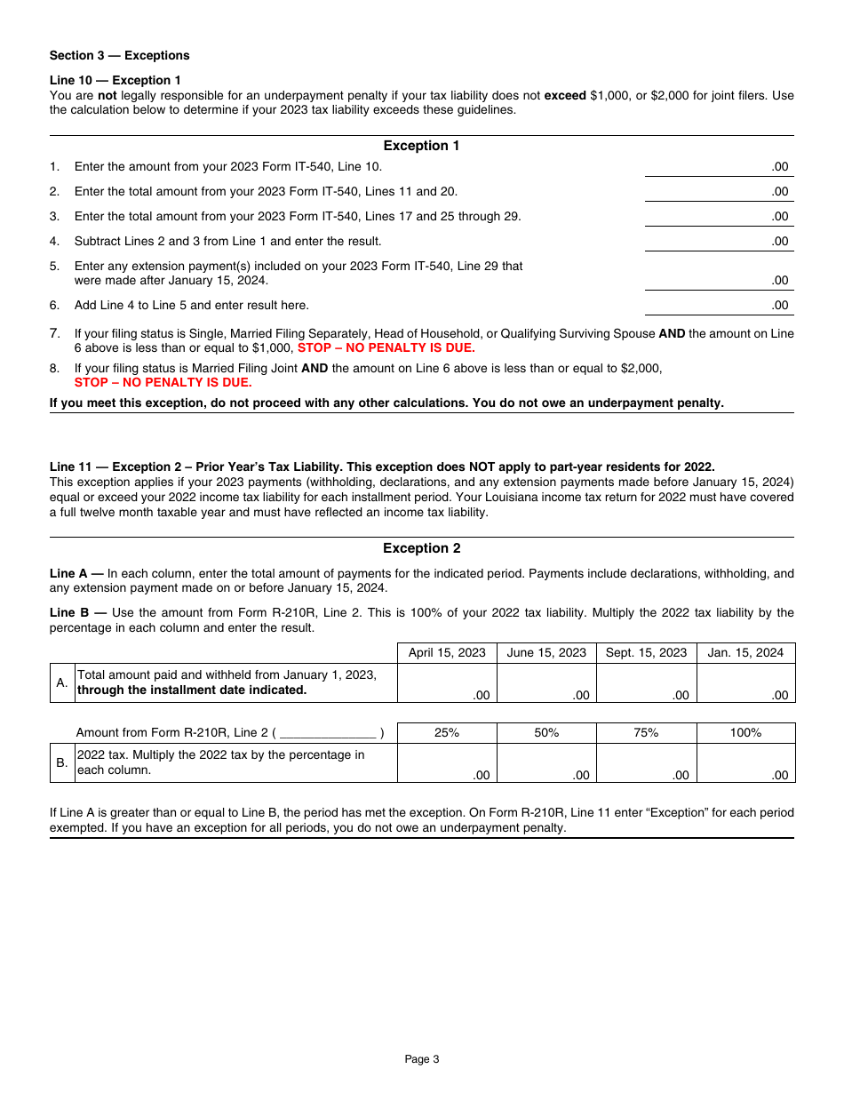 Instructions for Form R-210R Underpayment of Individual Income Tax Penalty Computation - Resident Filers - Louisiana, Page 3