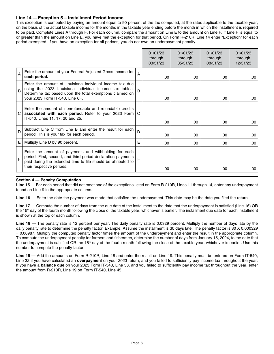 Instructions for Form R-210R Underpayment of Individual Income Tax Penalty Computation - Resident Filers - Louisiana, Page 6
